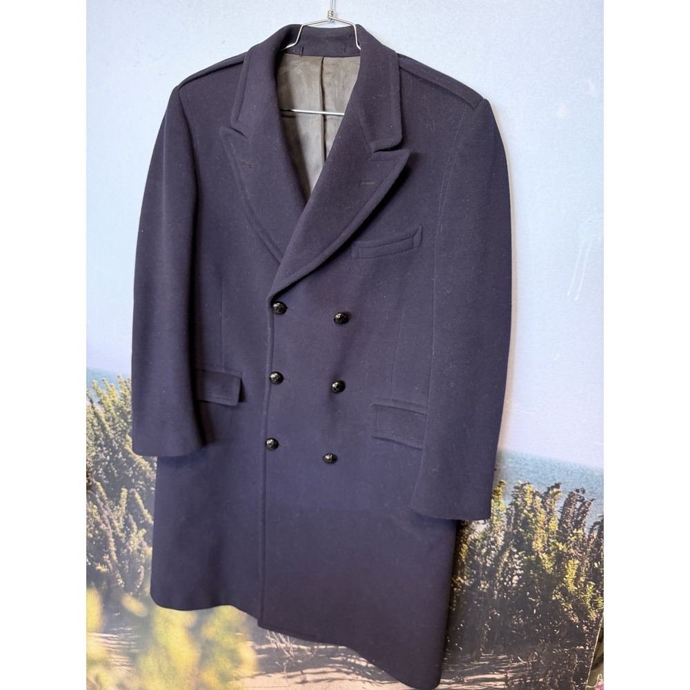 Vintage Mens Double Breasted Wool Overcoat Navy Blue Crombie Greatcoat Heavy
